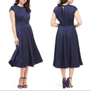 Gal Meets Glams Julia Satin Navy Midi Cap Sleeve Dress, 8 bridesmaid